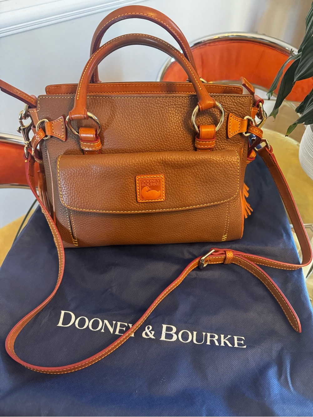 Dooney & Bourke Cognac Brown Pebbled Leather Satchel with Orange Trim